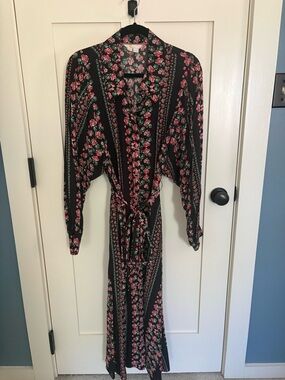 Black Floral Midi Shirt Dress with Pink Rose Print